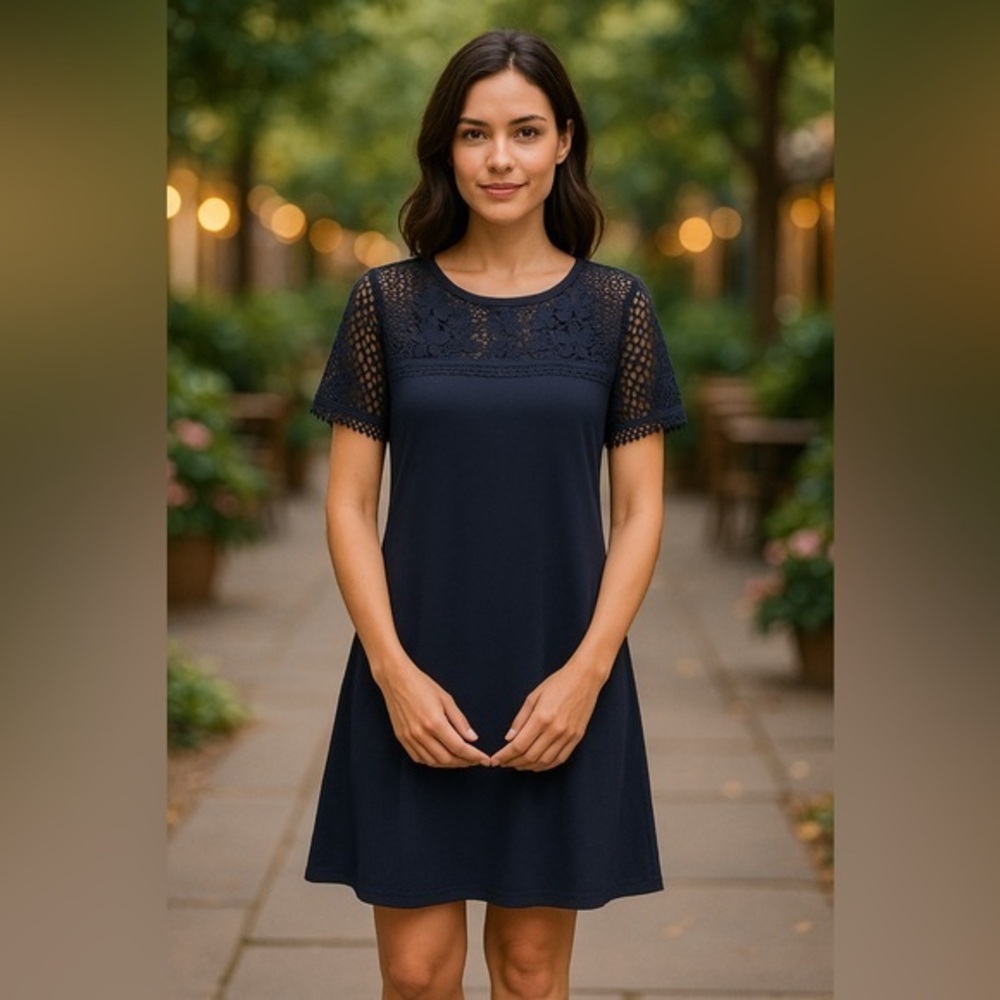LOFT Navy Lace Bodice A-Line Dress Short Sleeve Business Casual GUC L #2395